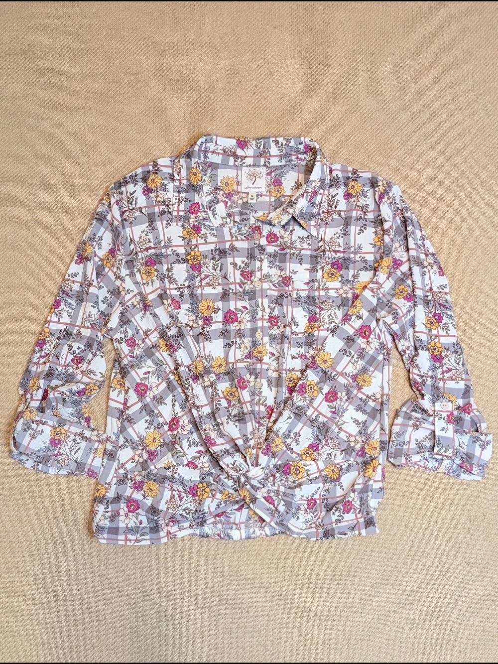 Self Esteem Plaid and Floral Patterned Button Down Shirt Twist Front